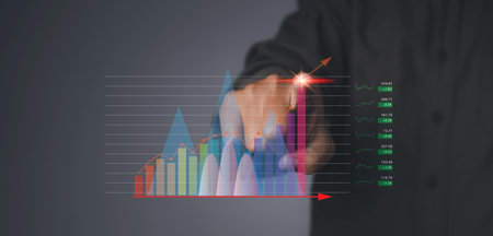 Stock Market Investments analysis and Digital Assets. Business finance technology and investment concept. Stock market graph with man touching stock trading screen background.の写真素材