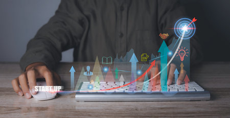 Startup business and network connection. Businessman accessing startup business by computer with...