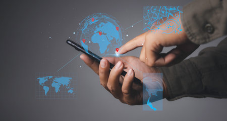 Man using smart phone technology find virtual model map with location point, icon maps and find places in the online system, Connection line over the map, Navigation concept.の写真素材