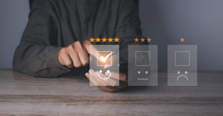 Customer satisfaction experience concept. Businessman giving high score with five golden stars...