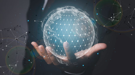 Digital marketing global network and data exchanges over the world 3D rendering. Business technology, Businessman using mobile phone showing global network data customer connection.の写真素材