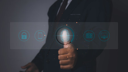 Fingerprint scanner futuristic digital processing of biometric identification. Secure access granted by valid fingerprint scan, cyber security on internet of digital programs futuristic applications.の写真素材