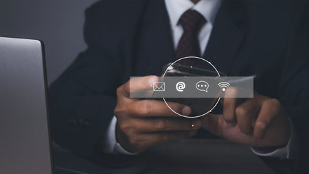 Contact us or Customer support hotline people connect. Man touching contact access connect online...
