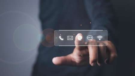 CONTACT US, Businessman using mobile smartphone support hotline people connect with contact icons (...