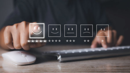 Customer satisfaction experience concept. Businessman giving high score with five golden stars rating satisfaction in service. rating very impressed. copy space.の写真素材