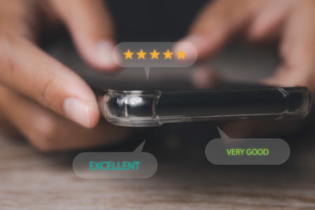 Customer satisfaction experience concept. Businessman giving high score with five golden stars...