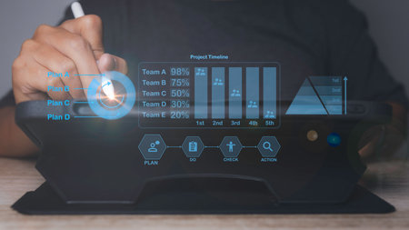 Operations management creative process business, Action Plan business strategy on virtual screen....