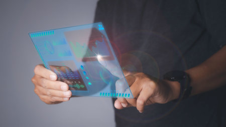 Business analysis, Analyst working Data Management System on virtual screen, business data and economic, economic growth, make a report with KPI and metrics connected to database.の写真素材