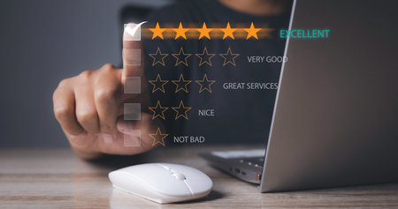 Customer satisfaction experience concept. Businessman giving high score with five golden stars...