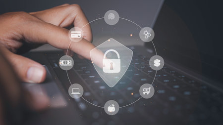 Lock icon and internet network security technology. Businessman secure access protecting personal...