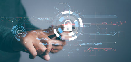 Cyber security and network protection with cybersecurity expert working. Lock icon and internet...