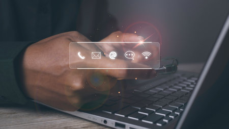CONTACT US, Businessman using mobile smartphone support hotline people connect with contact icons (...