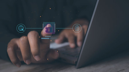 Cyber security and network protection with cybersecurity expert working. Lock icon and internet...