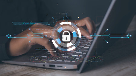 Cyber security and network protection with cybersecurity expert working. Lock icon and internet...