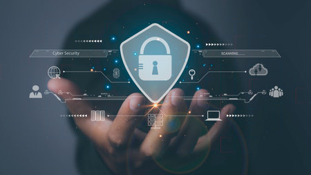 Cyber security and network protection with cybersecurity expert working. Lock icon and internet network security technology on secure access to protect server against cybercrime.の写真素材
