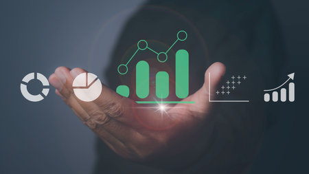 Goal business success strategy chart target and planning. Stock market, Business growth, progress or success. Stock market graph with man holding icon financial profit stock market development.の写真素材