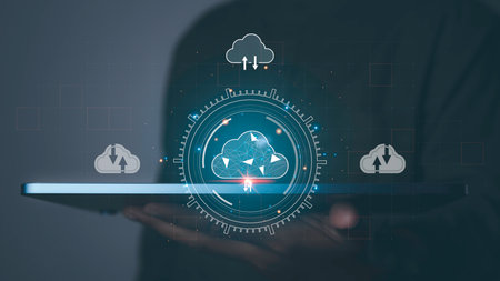 Businessman using tablet access cloud computing technology. Data storage security online in...
