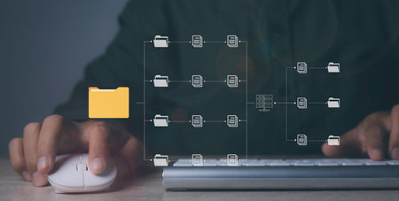 Document Management System (DMS), Businessman working with access business connection online documentation database process automation and Enterprise Resource Planning (ERP). Efficiently manage files.の写真素材