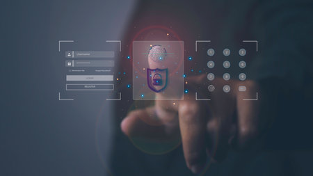 Businessman access scan fingerprint personal identity and authorization. Secure access granted by...