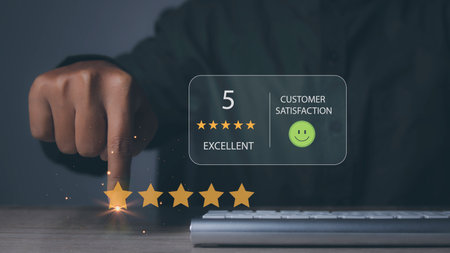 Businessman touching giving high score for feedback review satisfaction service. Customer...