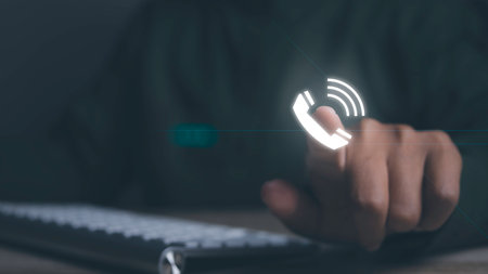 CONTACT US, Businessman using computer contact icons support hotline phone people connect. Customer service call center concept. copy space.の写真素材