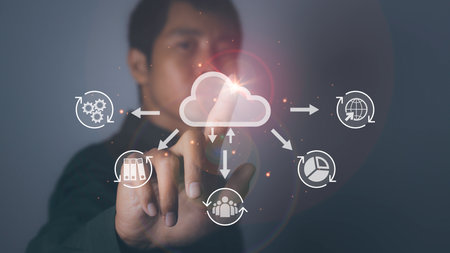 Businessman touching cloud computing technology internet storage network. Cloud technology. Data storage. Networking and internet service concept.の写真素材
