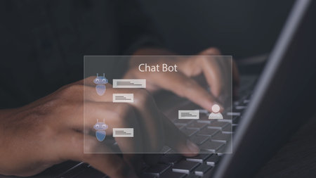Businessman ChatBot Chat with AI Artificial Intelligence. Digital chatbot, robot application, AI chat bot communicate and interact smart data.の写真素材