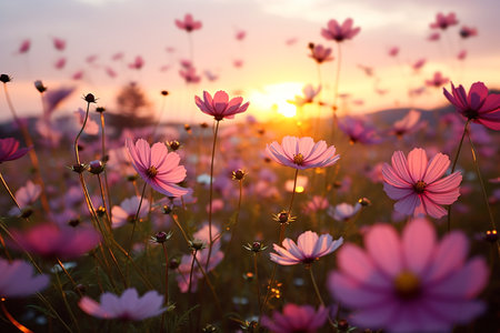 Cosmos Flowers in Full Bloom Vivid and Delicate Cosmos Petals Macro Photography of Blooming in a Serene Garden Setting.の素材