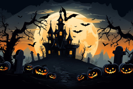 Happy Halloween Banner with Pumpkins, Spooky Celebration and Spooky Decorations Set the Haunted Scene. generated ai.の素材