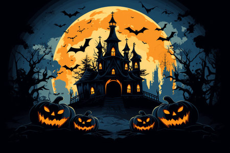 Happy Halloween Banner with Pumpkins, Spooky Celebration and Spooky Decorations Set the Haunted Scene. generated ai.の素材