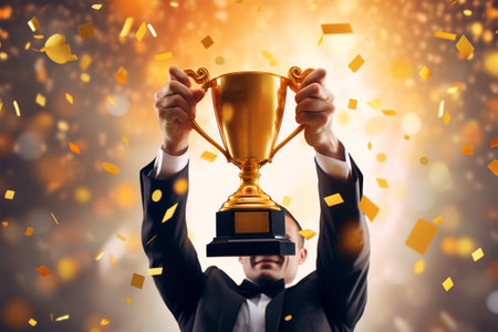 Businessman holding golden trophy. Generated AIの素材