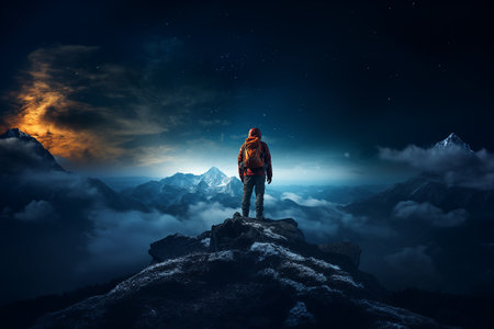 Backpacker standing on the peaks mountain, landscapes, serene vistas, exploration, conquer challenges. generated AIの素材