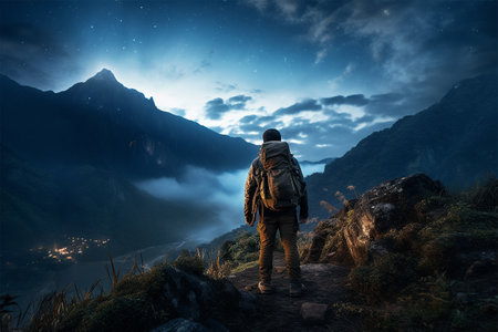 Backpacker standing on the peaks mountain, landscapes, serene vistas, exploration, conquer challenges. generated AIの素材