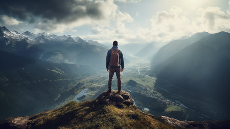 Man standing on the peaks mountain, landscapes, serene vistas, exploration, conquer challenges. generated AIの素材