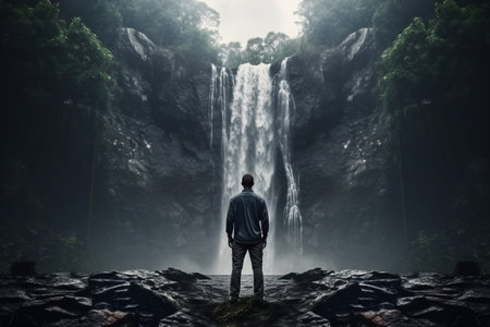 Young man with beautiful waterfall in jungle, landscape photography. generated aiの素材