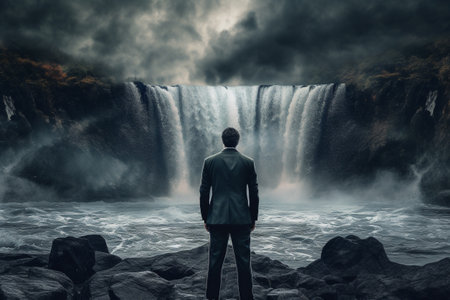 Businessman with beautiful waterfall in jungle, landscape photography. generated aiの素材