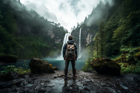 Young man with beautiful waterfall in jungle, landscape photography. generated aiの素材