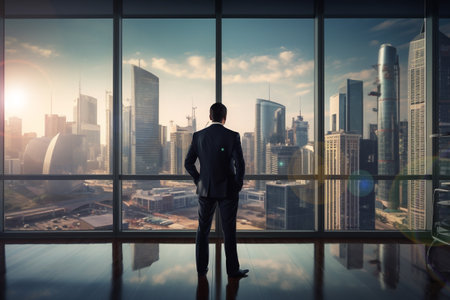 Businessman standing looking the city from his office room, Rear view, Business ambition and vision concept. Generated  AI.の素材