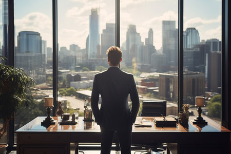 Businessman standing looking the city from his office room, Rear view, Business ambition and vision concept. Generated  AI.の素材