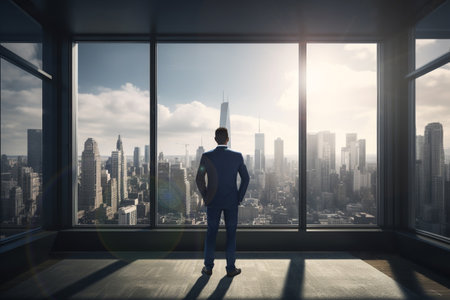 Businessman standing looking the city from his office room, Rear view, Business ambition and vision concept. Generated  AI.の素材