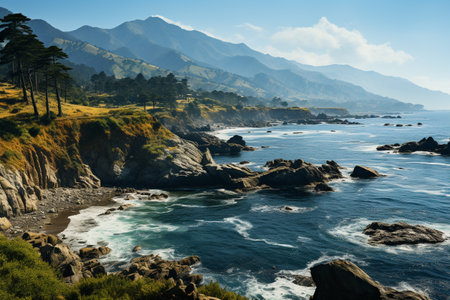 Sea tropical landscape with mountains view. Generated aiの素材
