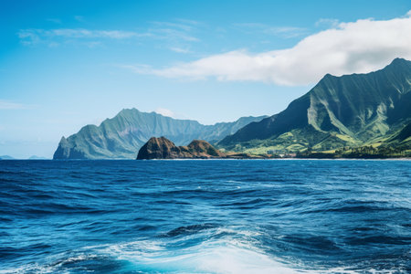 Sea tropical landscape with mountains view. Generated aiの素材