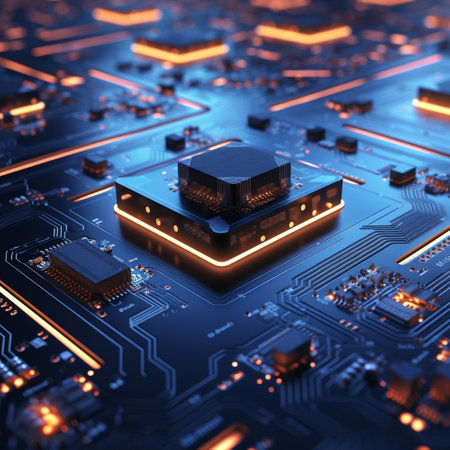 Computer Processors CPU, Microchip circuit board digital chip. Integrated communication processor. 3D illustration. Technology science background.の素材
