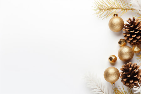 Christmas decoration with branches and ornaments on white background. copy space.の素材