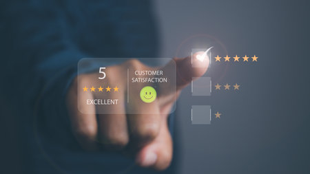 Businessman touching giving high score for feedback review satisfaction service. Customer satisfaction experience with five star icon and excellent for feedback review satisfaction service.の写真素材