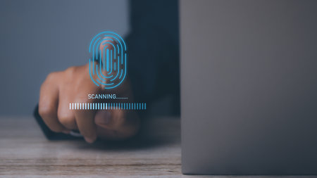 Businessman access scan fingerprint personal identity and authorization. Secure access granted by valid fingerprint scan, cyber security on internet. cybernetic business concept.の写真素材