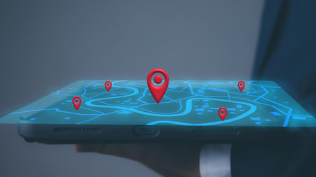 Location point, icon maps and find places in the online system, Businessman using digital tablet of searching information location maps. Connection line over the map, Navigation concept.の写真素材