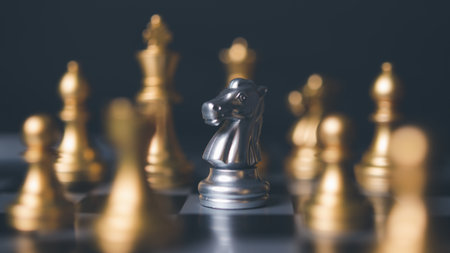 Silver horse chess encounters. Chess board game, business competitive. Business competitor concept.の写真素材
