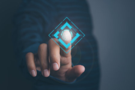 Businessman access scan fingerprint biometric identity and approval. Secure access granted by valid fingerprint scan, cyber security on internet. cybernetic business concept.の写真素材