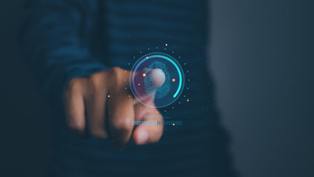 Fingerprint scanner futuristic digital processing of biometric identification. Secure access granted by valid fingerprint scan, cyber security on internet of digital programs futuristic applications.の写真素材